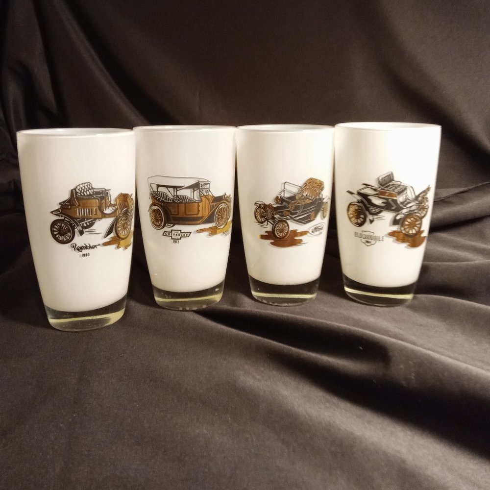 4 VINTAGE ANTIQUE AUTOS, FROSTED GLASSES BY GAY FAD, OLDS, RAMBLER, FORD & CHEVY